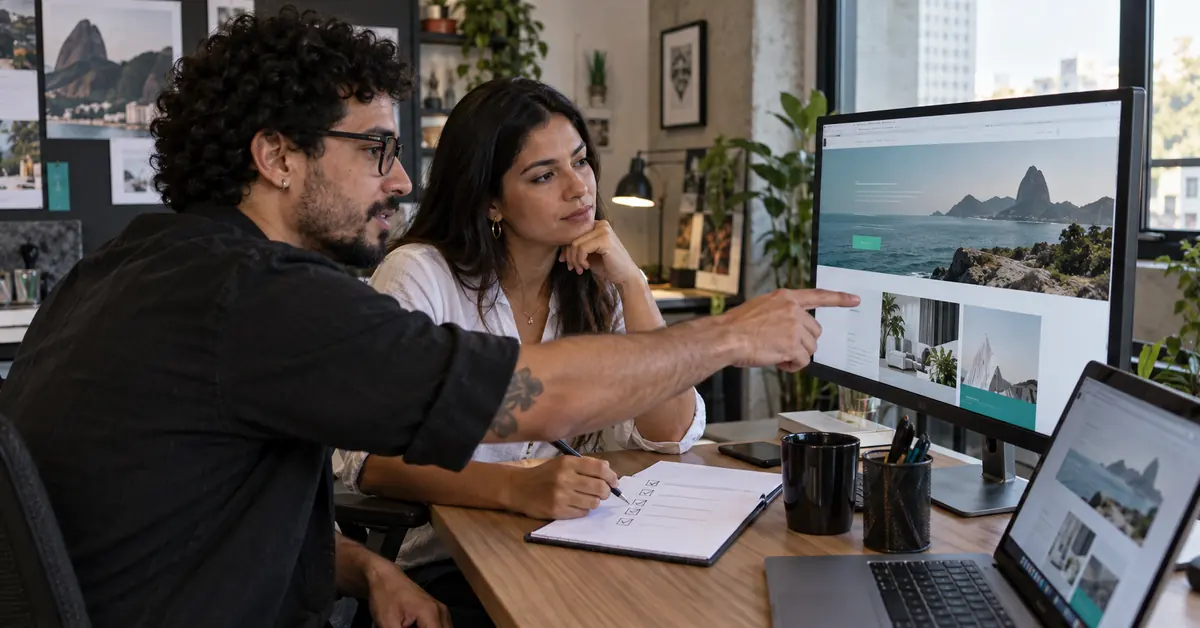 Designer e cliente fazem controle de qualidade em um site empresarial antes da publicação