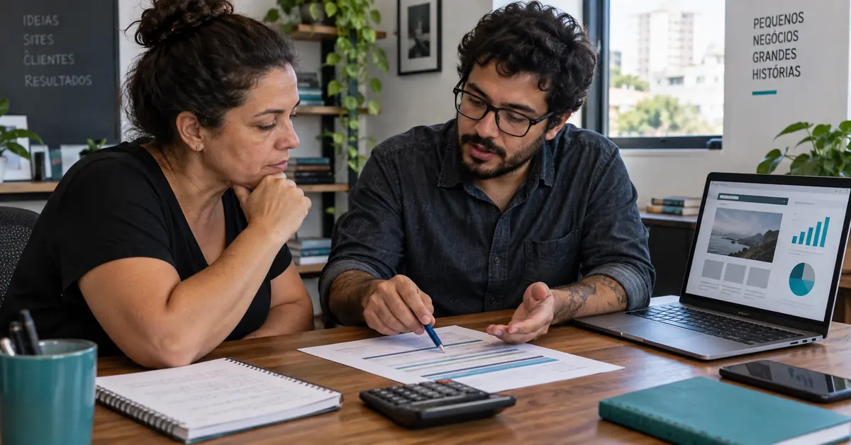 Empreendedora e profissional analisam orçamento de projeto de site com gráficos e calculadora