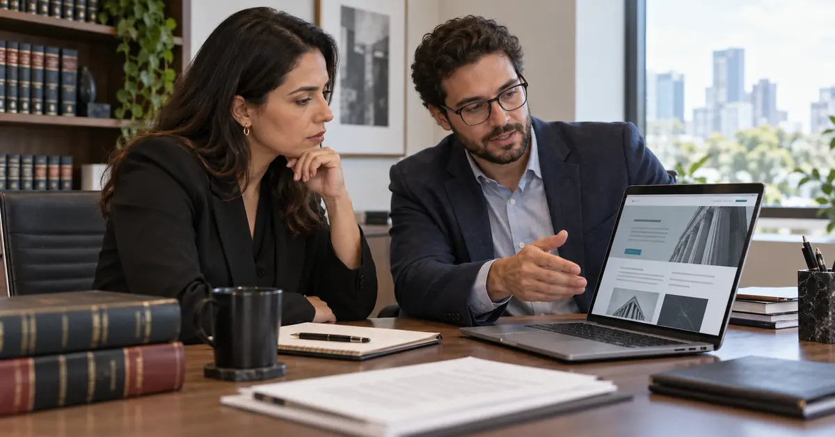 Advogada e profissional de tecnologia revisam site institucional em escritório jurídico